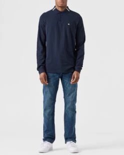 Weekend Offender Boman Long Sleeve Polo Shirt Navy -Warm Knit Wear Sales POAW2323 BOMAN NAVY 0202 MODEL