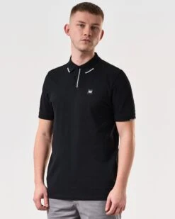 Weekend Offender Rivas Polo Shirt Black/Smokey Grey -Warm Knit Wear Sales POSS2411 RIVAS BLACK 6017 MODEL