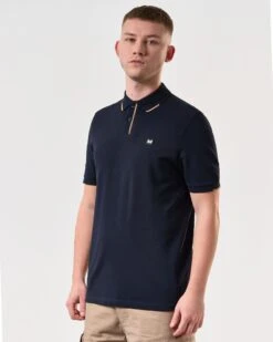 Weekend Offender Rivas Polo Shirt Navy/Cognac Brown -Warm Knit Wear Sales POSS2411 RIVAS NAVY 5805 MODEL